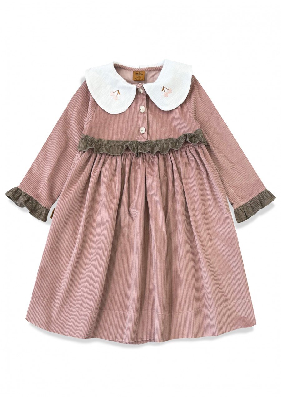 Dress corduroy with embroidery on the collar dusty pink 0295_F25141