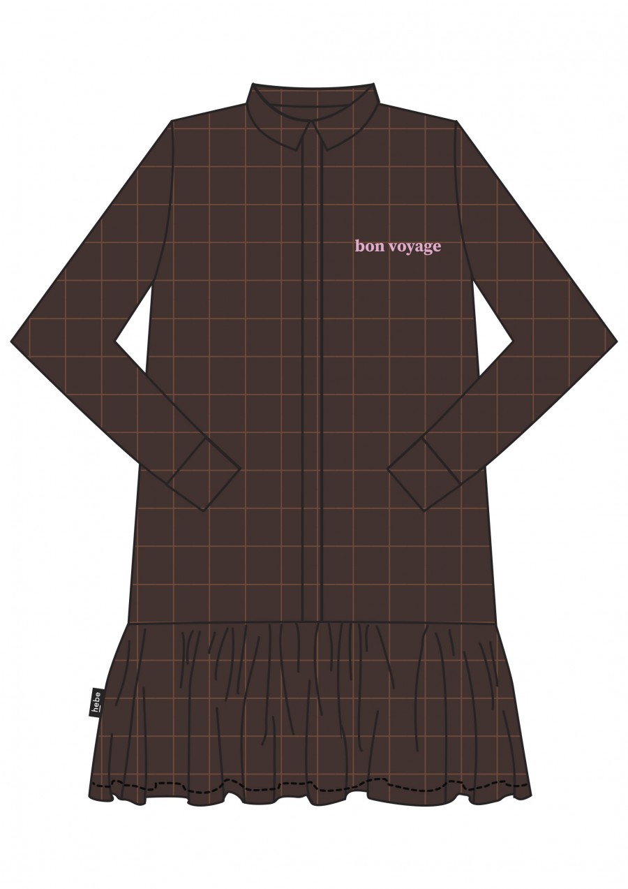 Dress brown checkered with frill and embroidrey bon voyage for female FW21122