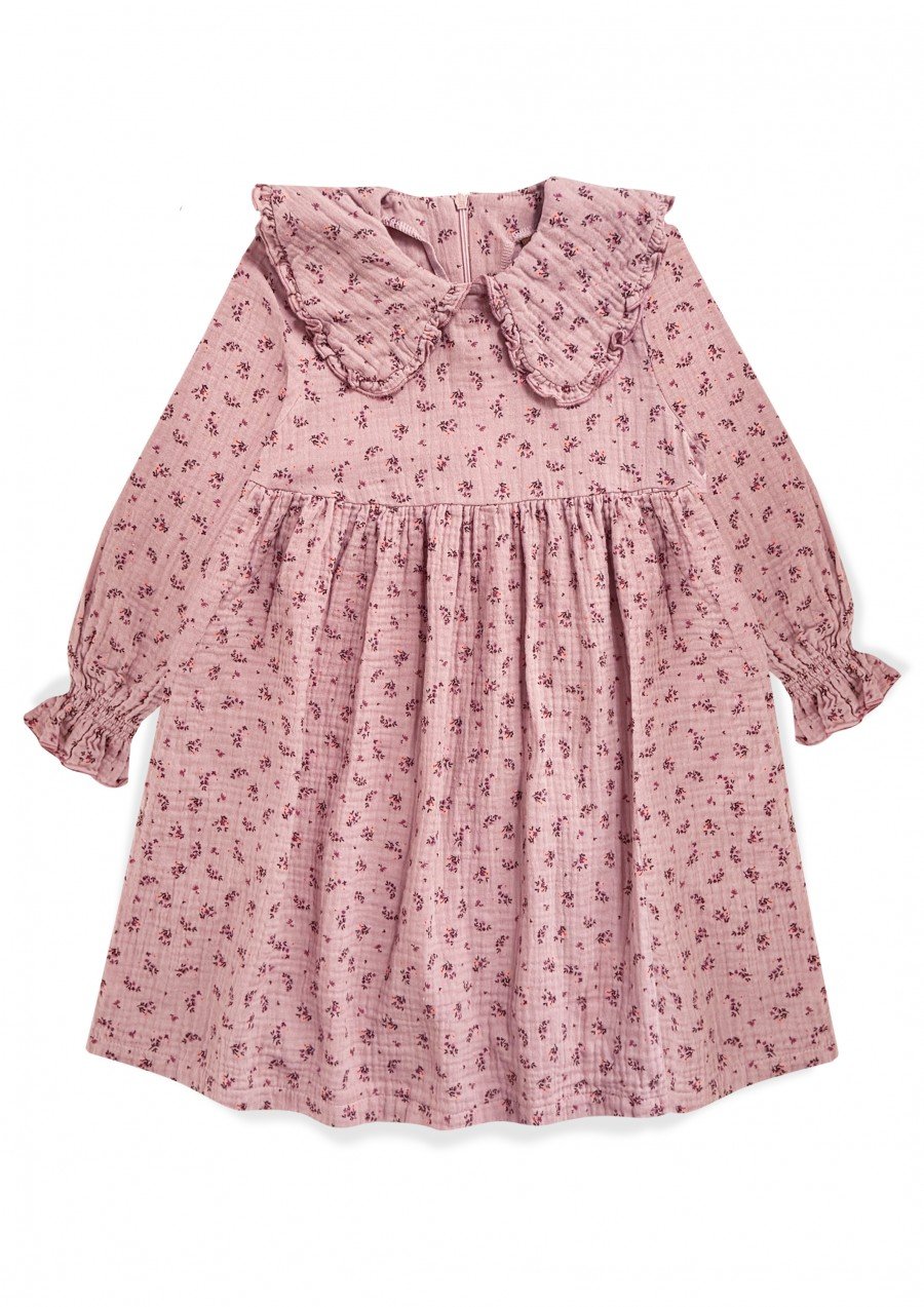 Muslin dress with collar and ruffles on the sleeves pink floral print 0005_F25134