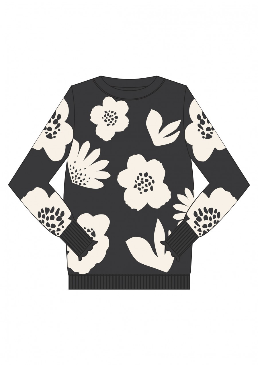 Warm sweater dark grey with cream white flowers FW21440