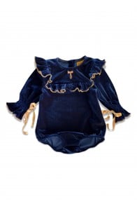 Romper navy blue velvet with bows and embroidery