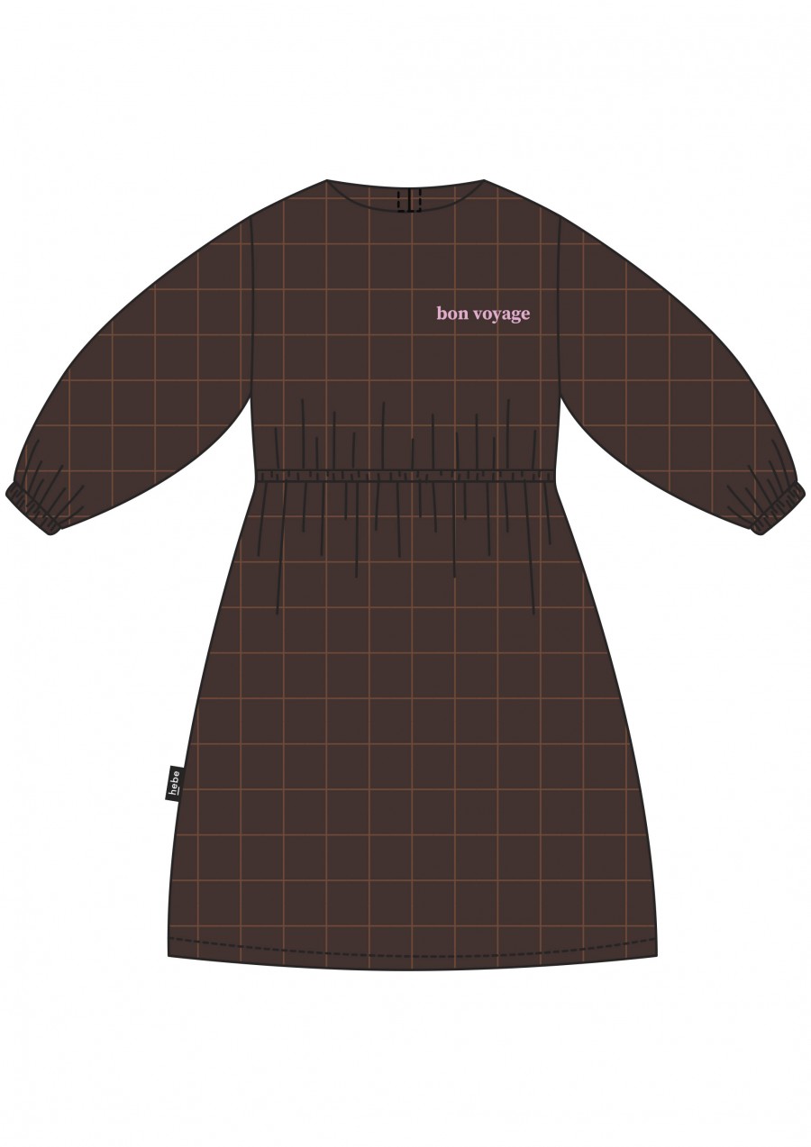 Dress brown checkered with embroidrey bon voyage FW21116