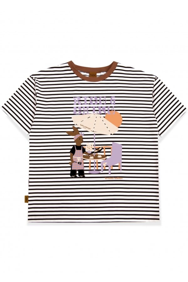 Top off-white with black stripes and Rise & Shine print for female