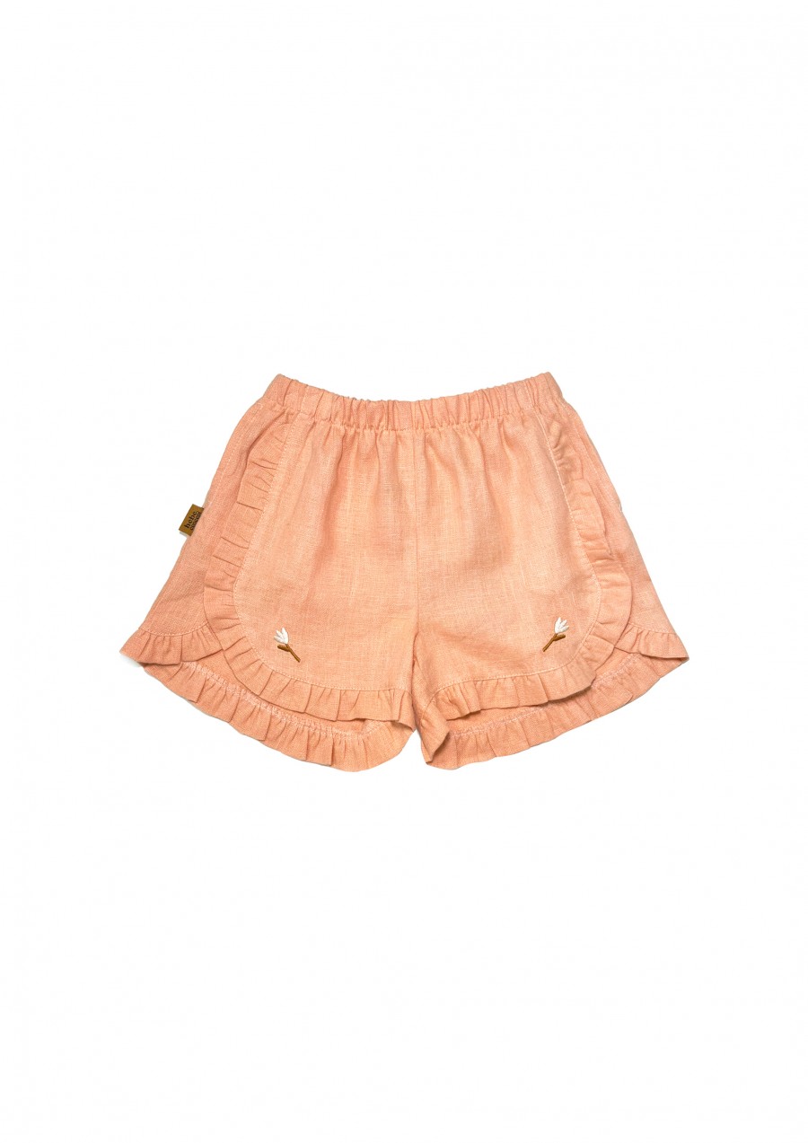 Shorts with embroideries flowers in peach color linen 0121_S25017