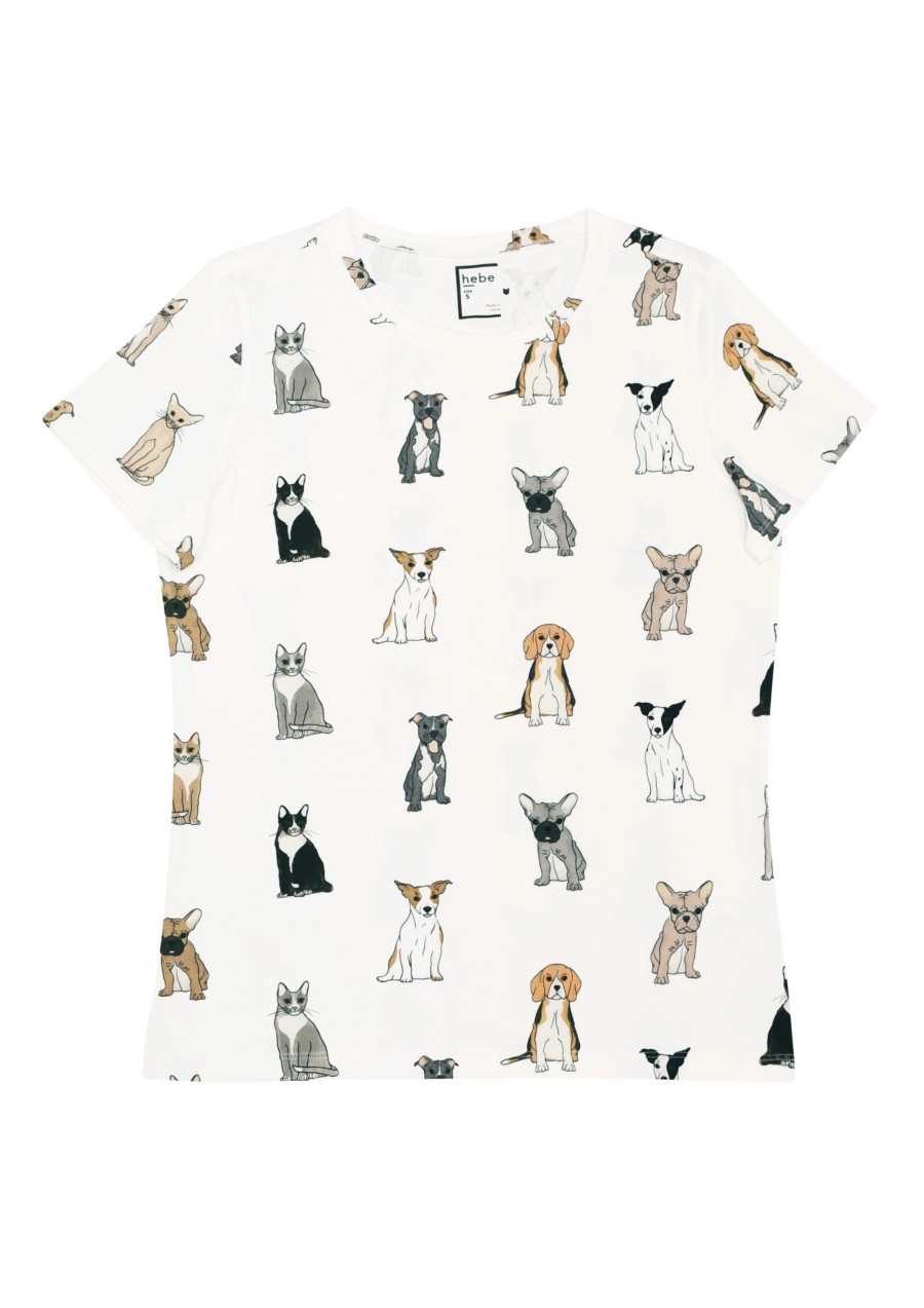 Top white with dog and cat print for female SS19214
