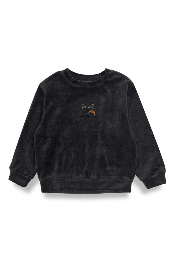 Velvet sweater with Ça va? embroidery grey 0074_F25190