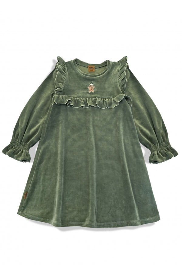 Velvet dress with Gingerman embroidery green 0202_F25245