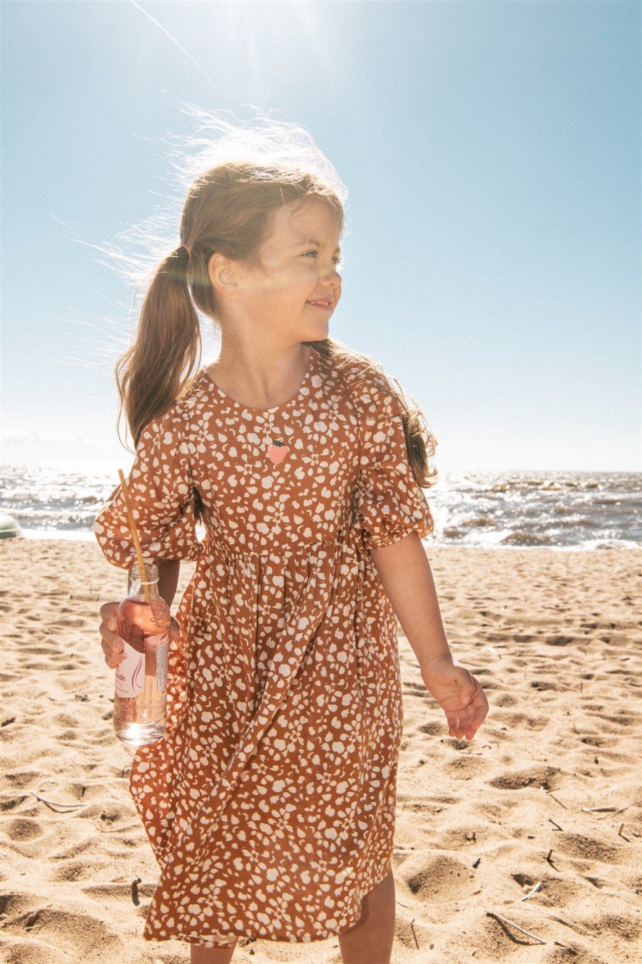 Dress brown with white pattern and embroidery strawberry SS23103