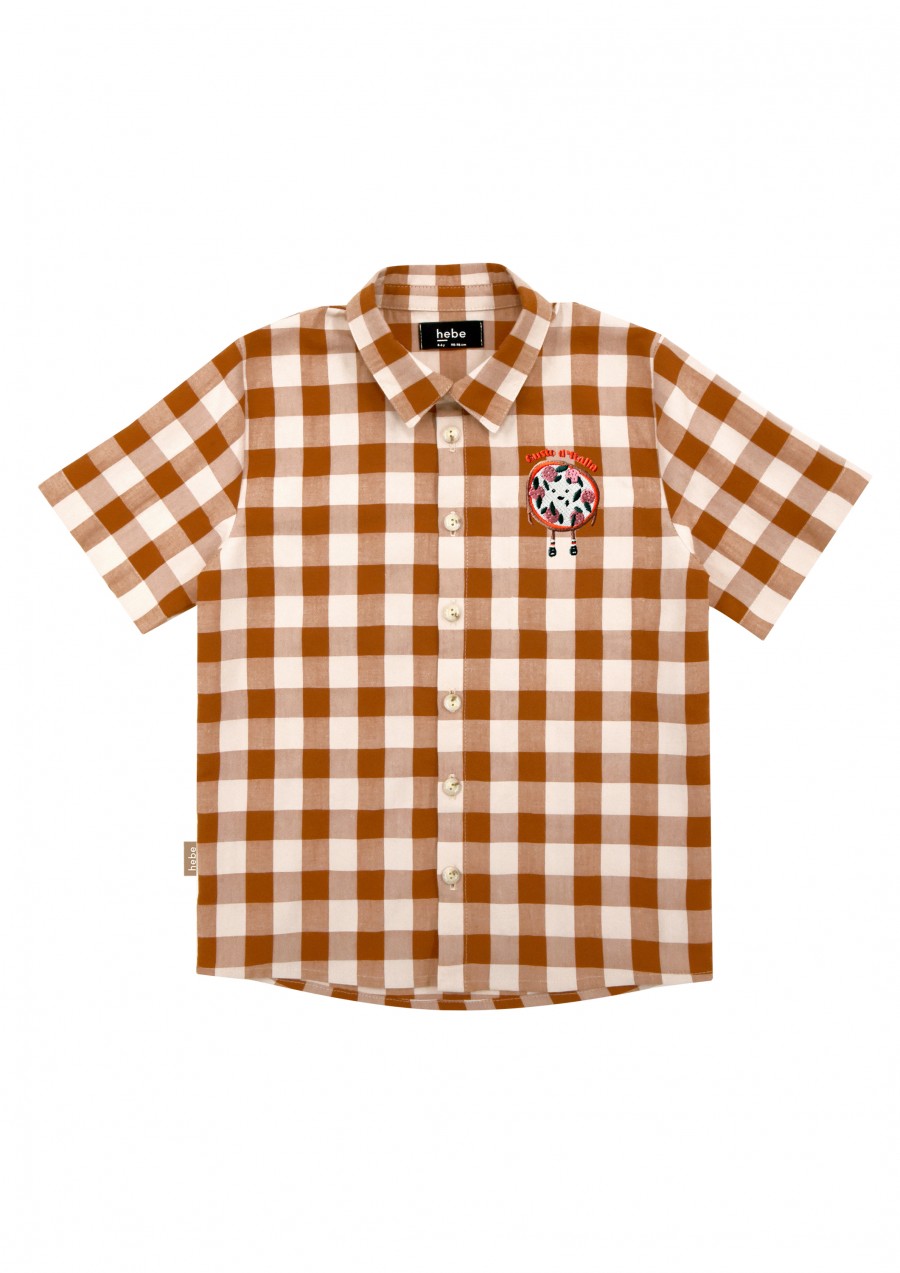 Shirt brown checkered with embroidery pizza for boy SS23121