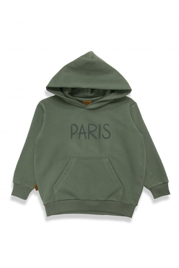 Hoodie with PARIS BONJOUR  placment print olive green 0130_F25285
