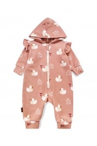 Romper with hood and a zipper in front with all-over duck print