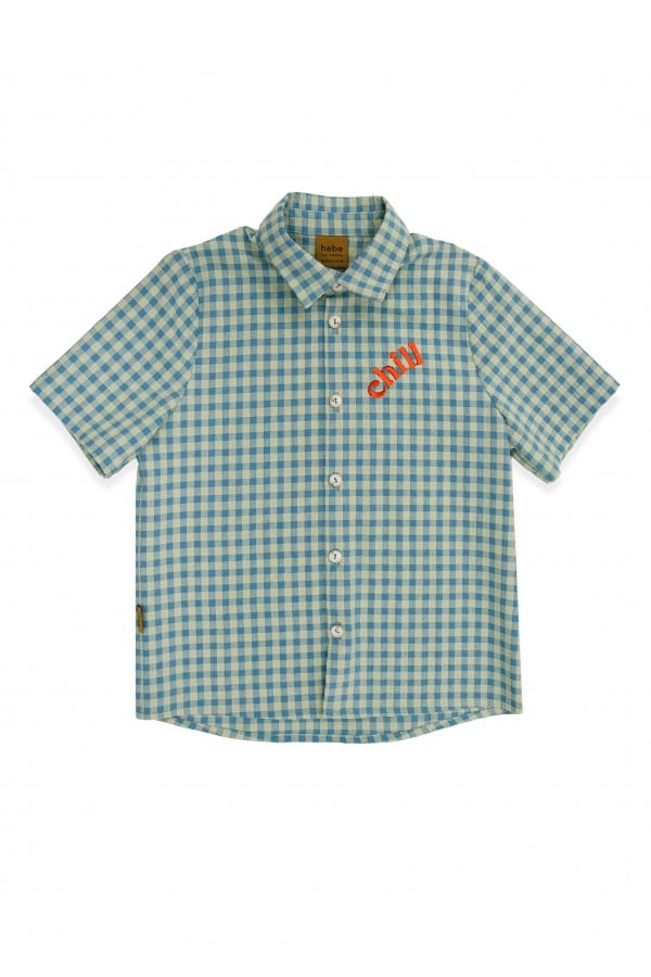 Shirt cotton with green check print and embroidery