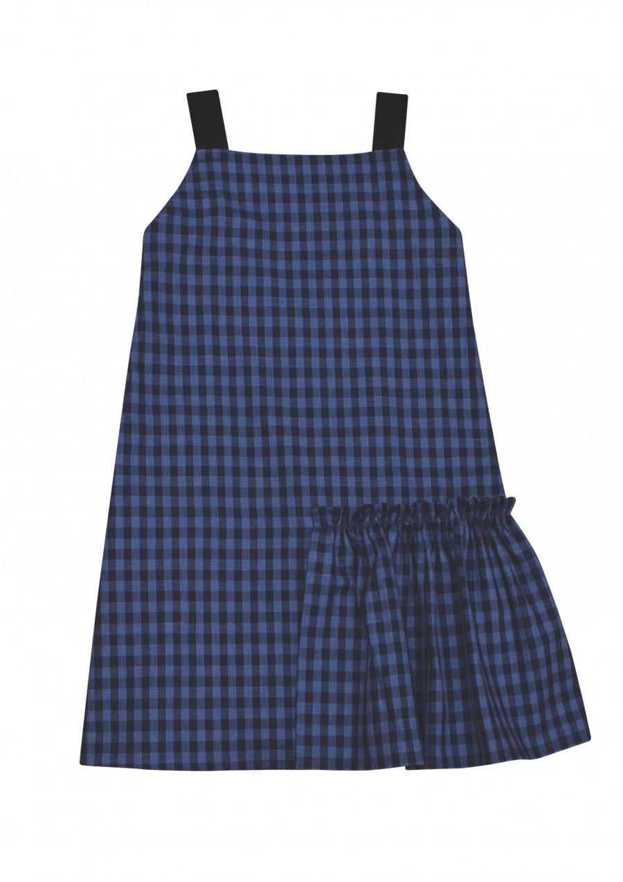 Blue checked sleeveless dress with ruffle and pockets FW18159