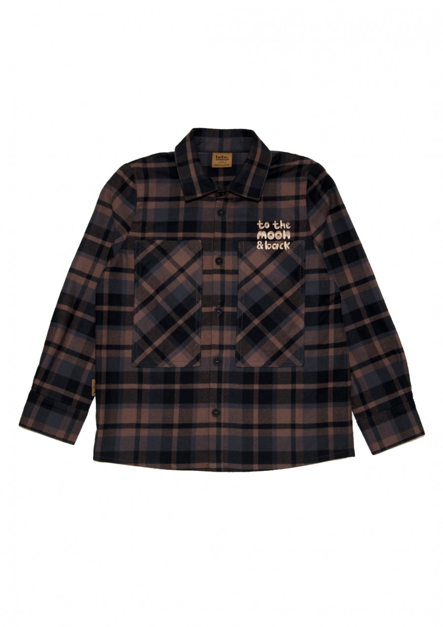 Shirt brown checkered flanel with embroidery FW24155