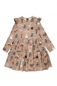 Dress with allover Winter cosy print and frills and ruffles