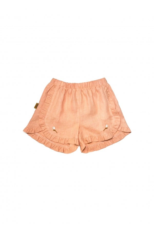 Shorts with embroideries flowers in peach color linen 0121_S25017