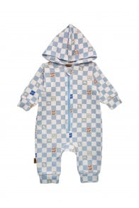 Romper with hood and blue checkers allover print