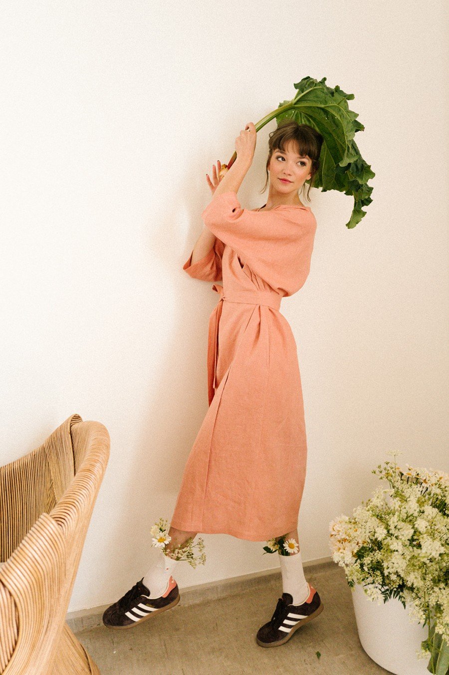 Wrap dress soft pink linen for female LIGO2310