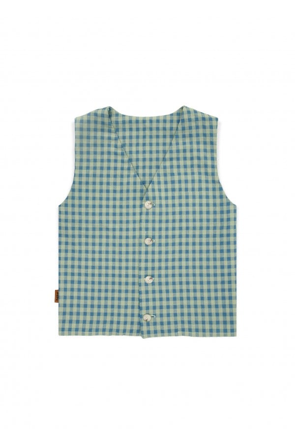 Vest cotton with green check print and embroidery SS24046