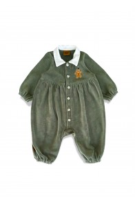Velvet romper with Gingerman embroidery, collar and buttons green