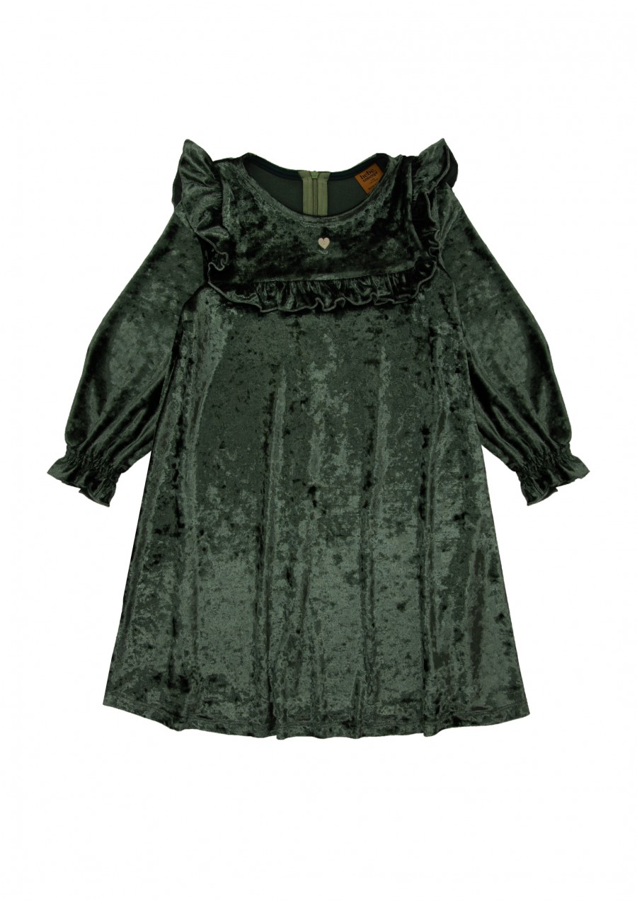 Dress green festive velvet with ruffles and  heart embroidery FW24144