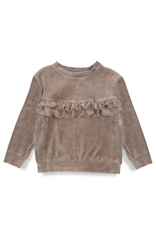 Sweater velvet with ruffles and an embroidery in the front taupe 0304_F25078