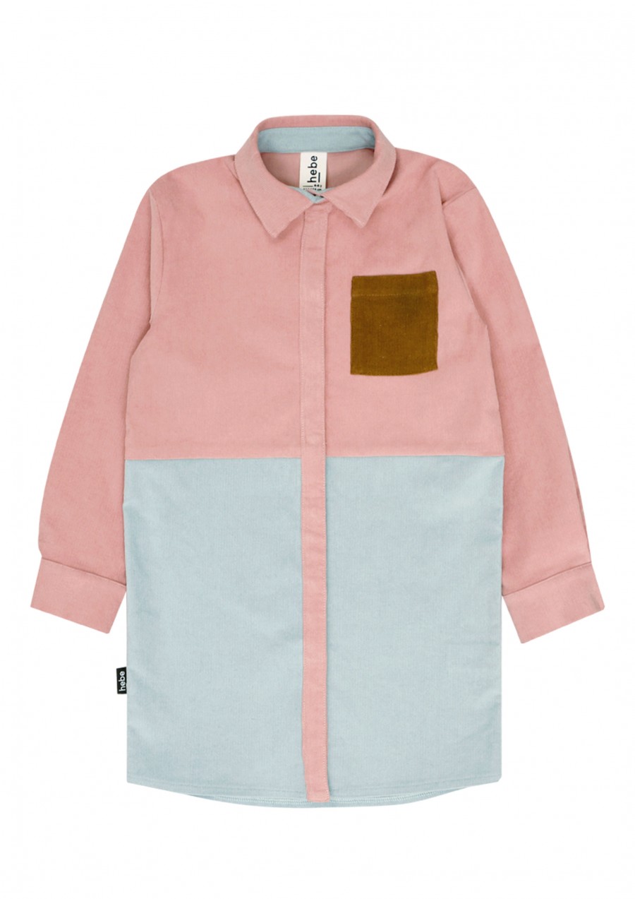 Shirt dress corduroy light blue and pink with brown pocket FW21155