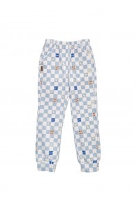 Pants with blue checkers allover print