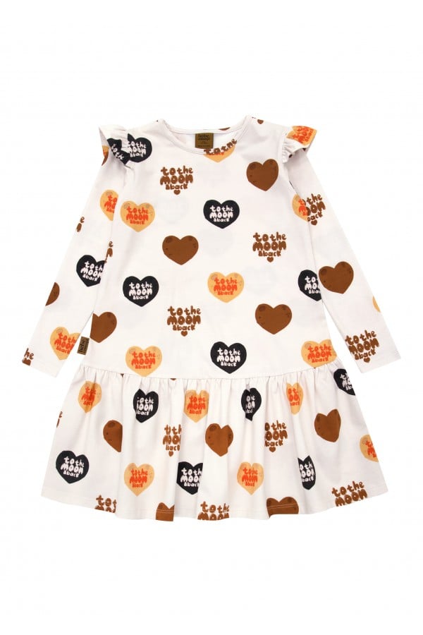 Dress with overall big heart print and frills FW24082