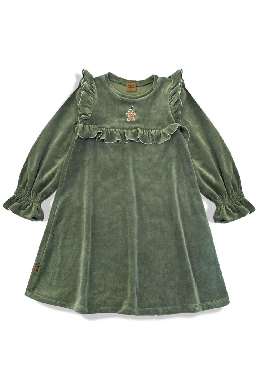 Velvet dress with Gingerman embroidery green 0202_F25245