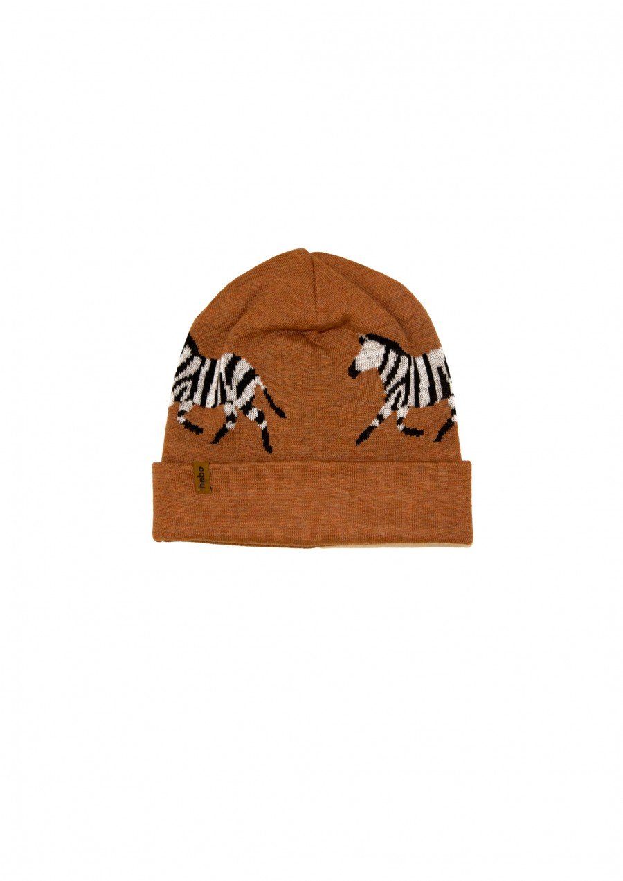 Hat brown merino wool with zebras FW23052