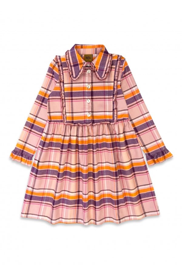 Dress flannel with ruffles and collar pink/peach checkers 0325_F25137