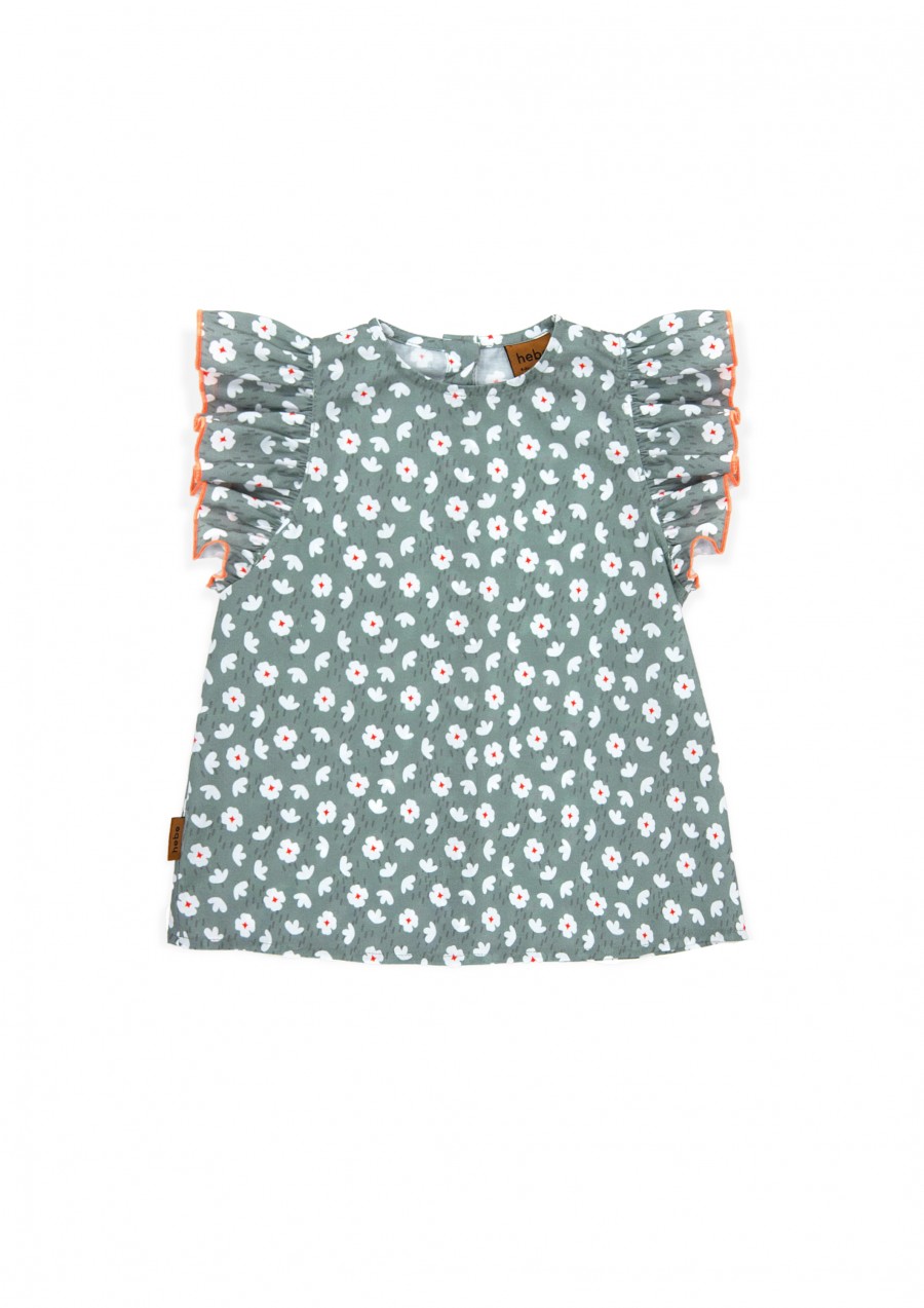 Blouse cotton green with flowers print SS24027