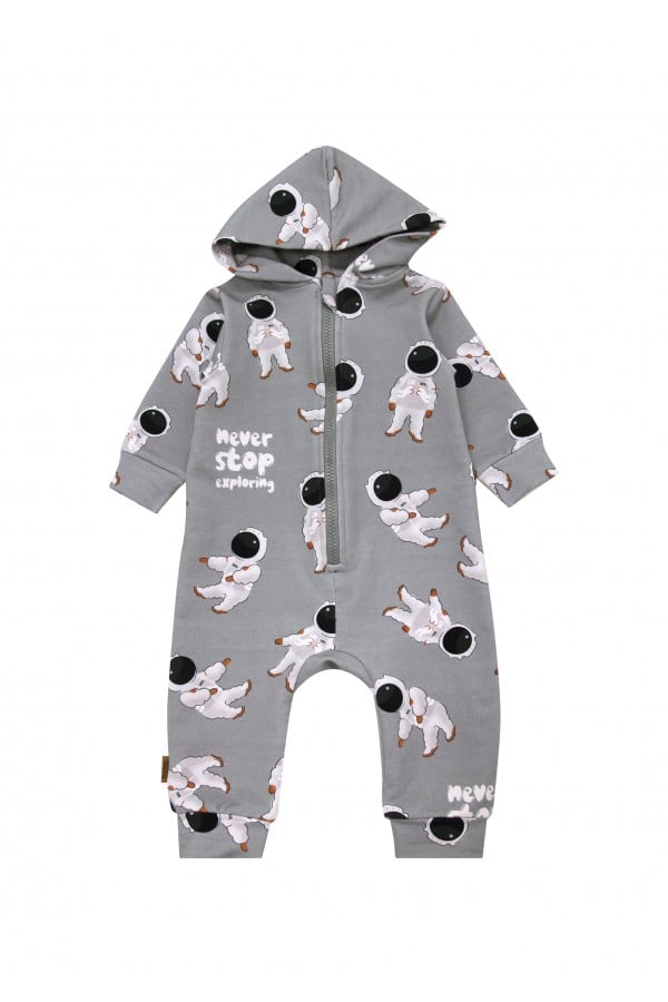 Hooded romper with allover astronout print FW24015