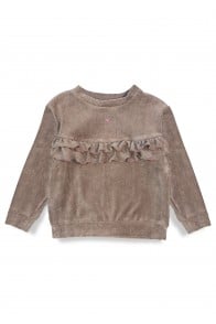 Sweater velvet with ruffles and an embroidery in the front taupe