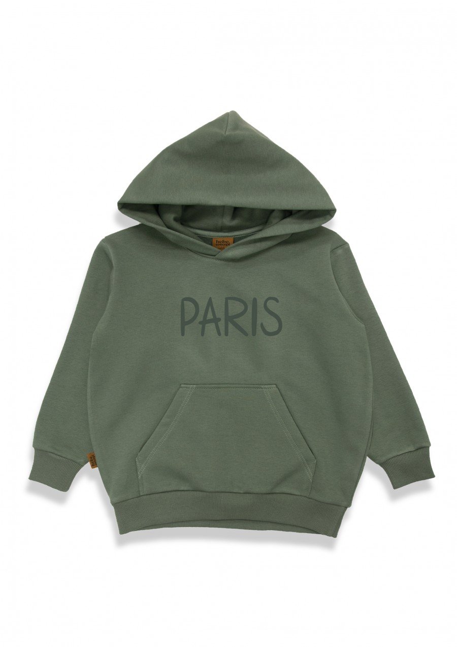 Hoodie with PARIS BONJOUR  placment print olive green 0130_F25285