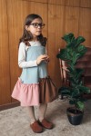 Dress corduroy light blue with brown and pink ruffle FW21145L
