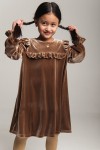 Dress brown festive velvet with ruffles and heart embroidery FW24149