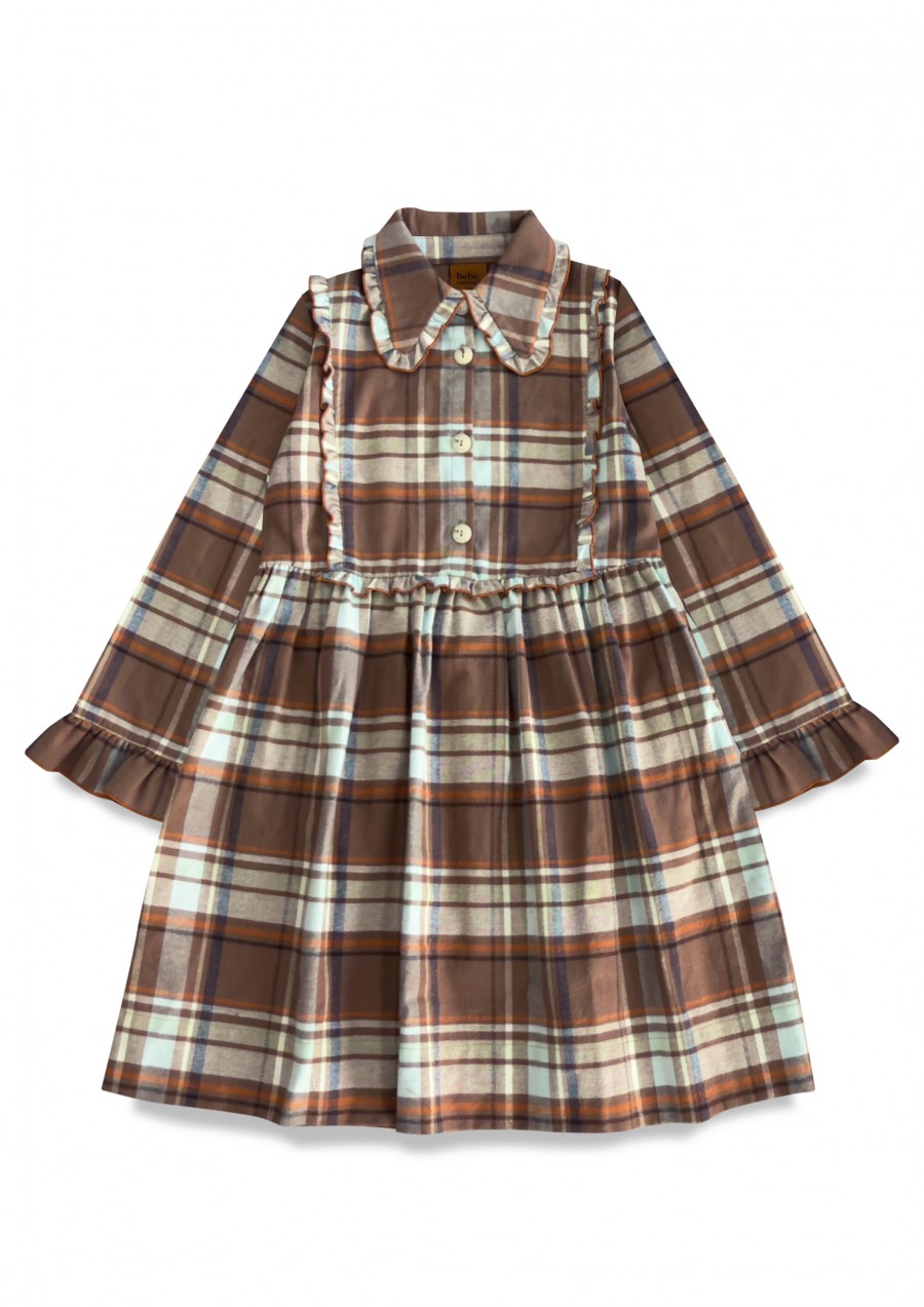 Dress flanel with ruffles and collar  brown/blue checkers 0325_F25099