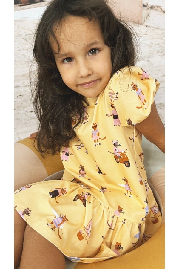 Dress with yellow allover cat print 0036_S25014