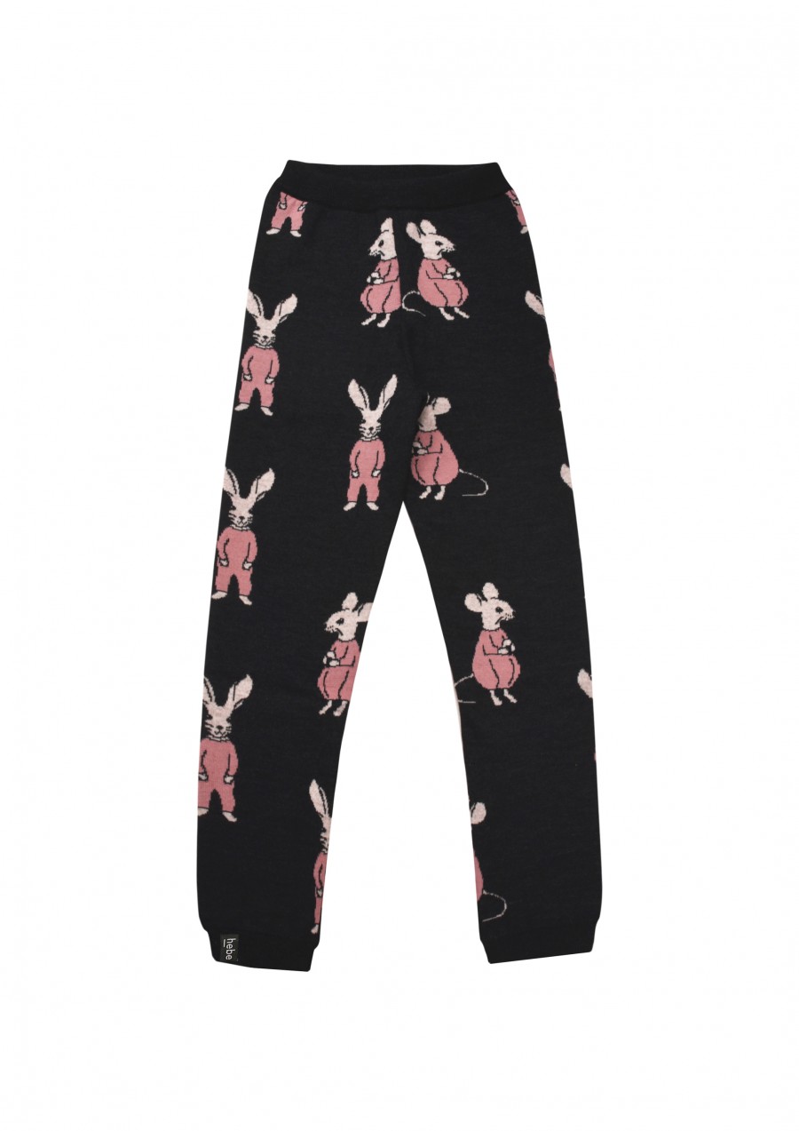 Pants merino wool black with pastel pink bunny FW20217