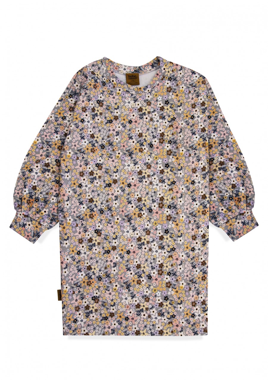 Sweater dress grey with all over flowers print SS24467