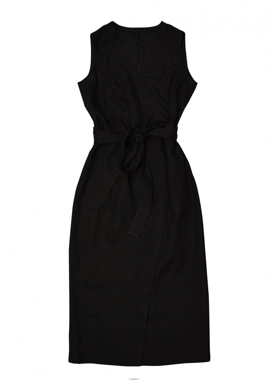 Wrap dress black linen for female SS21186