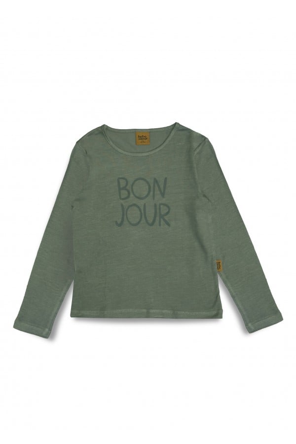 Top with BONJOUR placment print olive green 0108_F25282