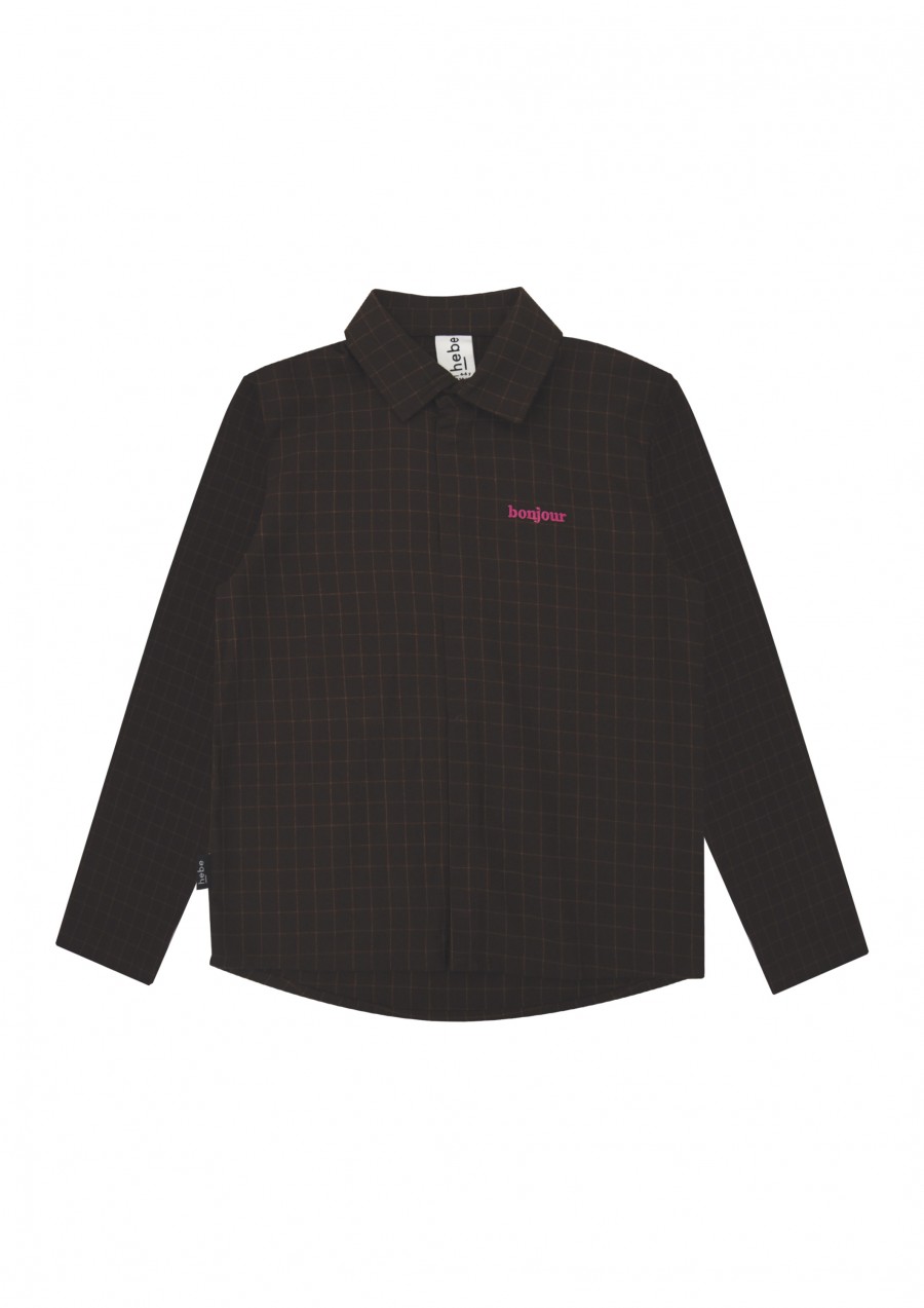 Shirt brown checkered with embroidrey bonjour FW21114