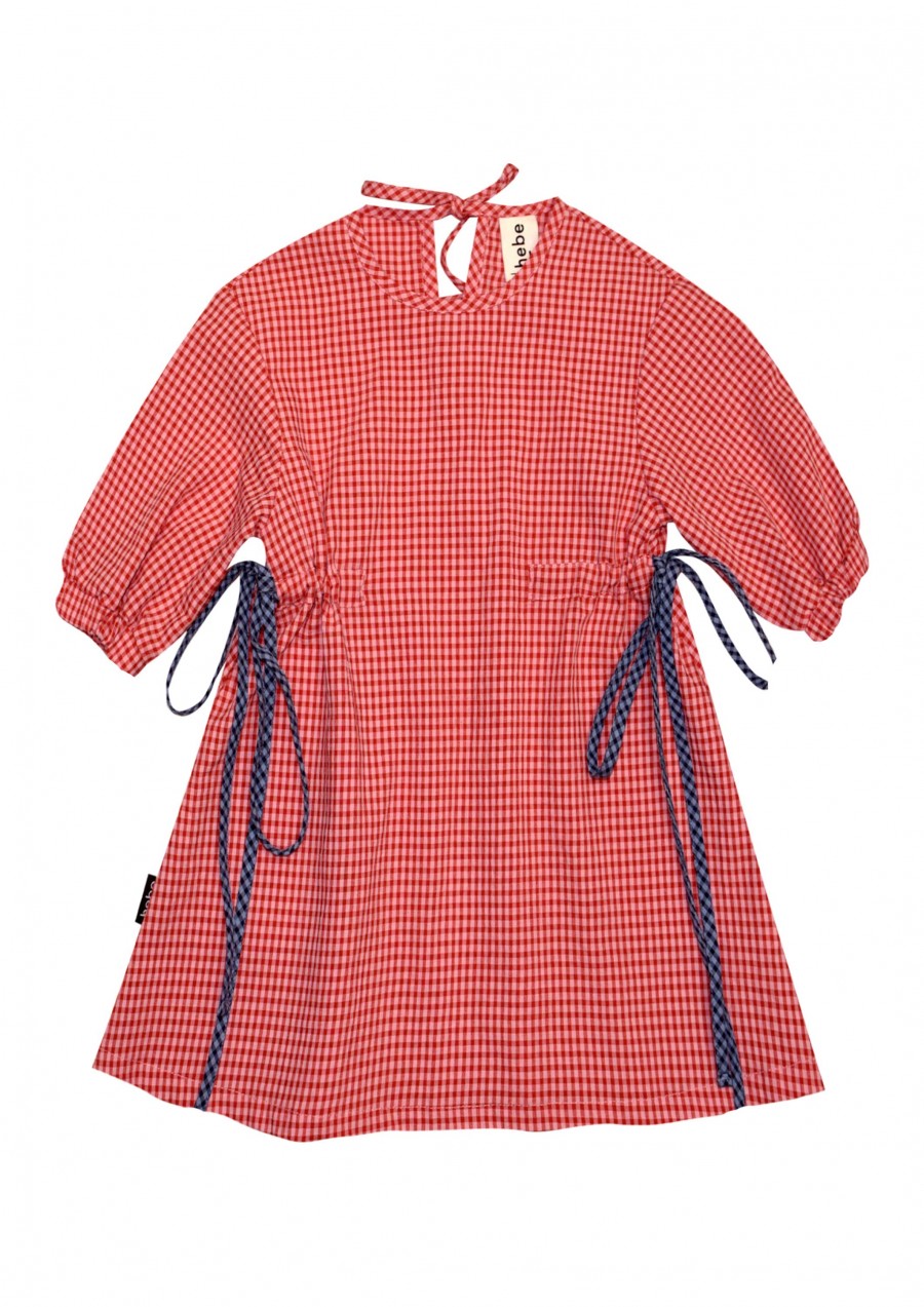 Dress red checkered with sleeves with blue checkered ribbon for female SS21159.01