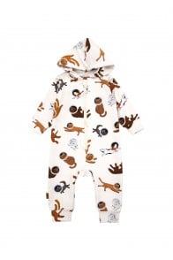 Hooded romper with allover cat and dog print