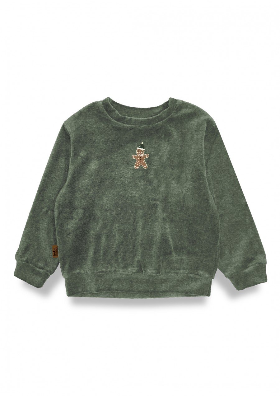 Sweater green velvet with with Gingerman embroidery 0074_F25243