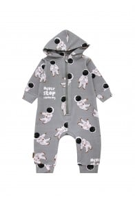 Hooded romper with allover astronout print