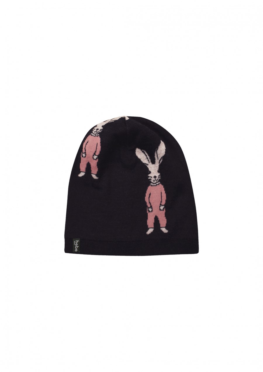 Hat merino wool black with pastel pink bunny FW20212